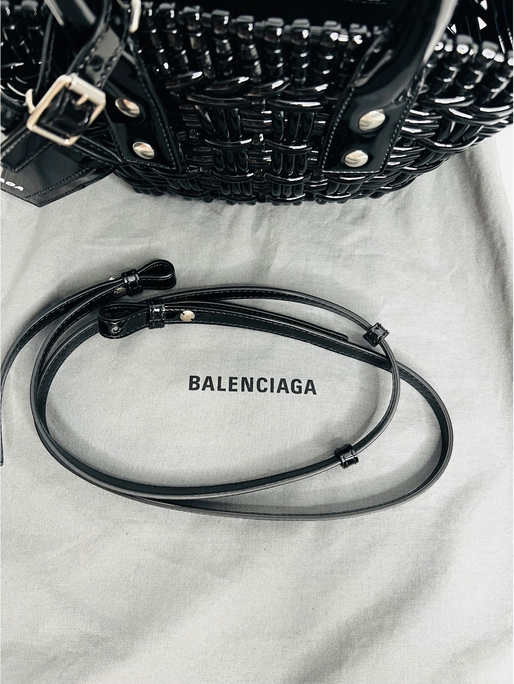 Balenciaga Bistro XXS Black Woven Basket Bag Mini Tote Crossbody Strap New - Picture 3 of 8